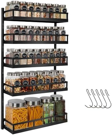 Wall Mount Spice Rack Organizer 5 Tier Height-Adjustable Hanging Spice Shelf Storage for Kitchen Pantry Cabinet, Dual-Use Seasoning Holder Rack with Hooks, Black-Patented