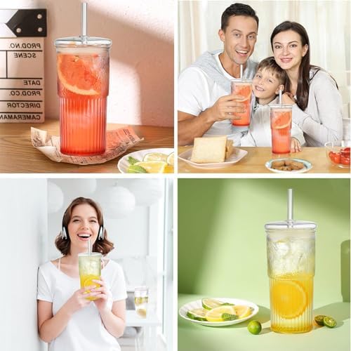 Glass Cups with Lids and Straws, 22 oz High Borosilicate Clear Iced Coffee Glass Tumblers, Drinking Glass Smoothie Tea Water Cups, Pack of 2 with Cleaning Brush