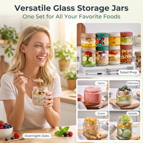 8 Pack Overnight Oats Containers with Lids, Large & Small Glass Mason Jars 16oz & 10 oz, Breakfast Oatmeal Container to Go, Salad Meal Prep Jars for Food Storage, Mush Chia Seed Pudding Jars