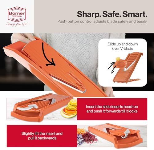 Swissmar Borner V-Slicer Plus Mandoline 5-Piece Set – Professional Kitchen Utensil with Adjustable Inserts – Cuts Potatoes, Cucumbers, Chips & More – Vegetable Slicer with Safety Holder - Orange - Image 4