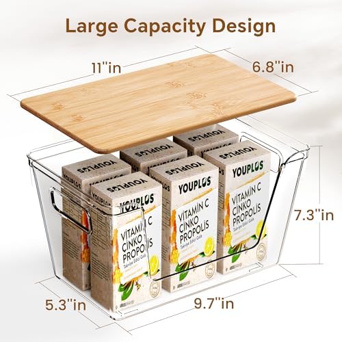 2 Set Pantry Organizers and Storage with Bamboo Lids, Stackable Clear Bins for Onion, Potato, Fruit, Vegetables, Trash Bag Dispenser, Kitchen and Under Sink Organizer