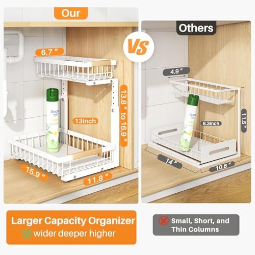 Under Sink Organizer, Adjustable Height, 2 Tier Pull Out Under Cabinet Organizer, Slide Out Thickened Metal Under Sink Storage for Kitchen Bathroom Laundry Pantry Cabinet, White, Large-1-Pack