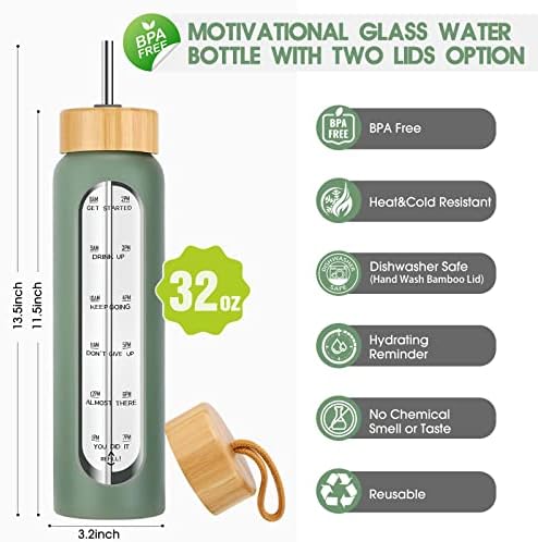 32 oz Glass Water Bottle with Straw - Motivational Time Marker & Silicone Sleeve - Reusable Tumbler Includes 2 Bamboo Lids & Fruit Infuser - 1 Pack