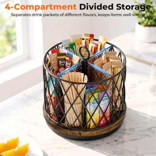 Drink Packet Organizer, 4-Compartment Rotating Drink Mix Holder