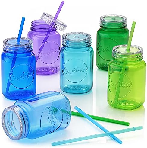 Acrylic Mason Jar Tumbler Mugs with Lids & Straws - 20 oz, 6 Pack (Cool Lagoon)