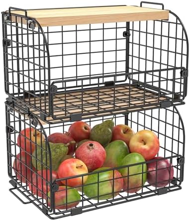2 Set Stackable Wire Basket with Openable Top, Kitchen Counter, Pantry Organizer and Storage Produce Onion Potato Fruits Vegs Bread Food Snack Spice Organizing Bin for Cabinet Shelf Countertop Floor