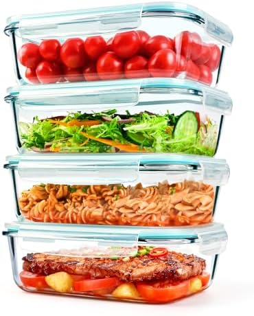 4 Pack 52 oz Large Glass Food Storage Containers with Lids - Glass Meal Prep Containers For Baking, Storing, Airtight Lunch Container, Freezer, Dishwasher, Microwave and Oven Safe, BPA Free