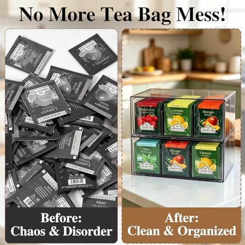 2 Pack Tea Bag Organizer, Tea Bag & Coffee Pod Drawer Storage with 9 Grid, Acrylic Stackable Holder Organizer for Cabinet Countertop | Drawer Container Storage Bins for Kitchen (9+9 Grid)