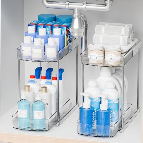 2 Pack Large Pull Out Bathroom Organizers and Storage,2 Tier 12.8″ Tall Sliding Kitchen Under Sink Organizer for Cleaning Products Storage,Acrylic Clear Bathroom inder Sink Organizer,Undersink Storage