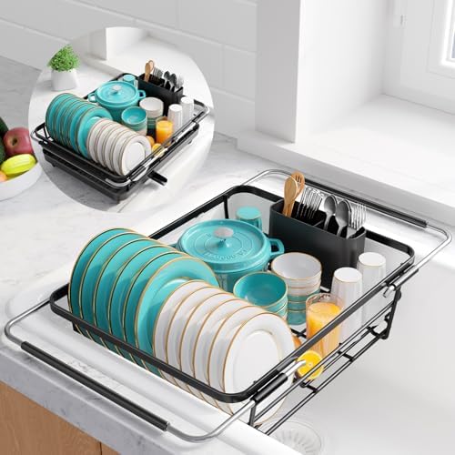 Extendable Dish Drying Rack Over Sink with Dish Drainer, Sink Organization and Storage Essentials with Silverware & Utensil Holder, Home and Apartment Decor, 12" W x 16.1~23" L, Black