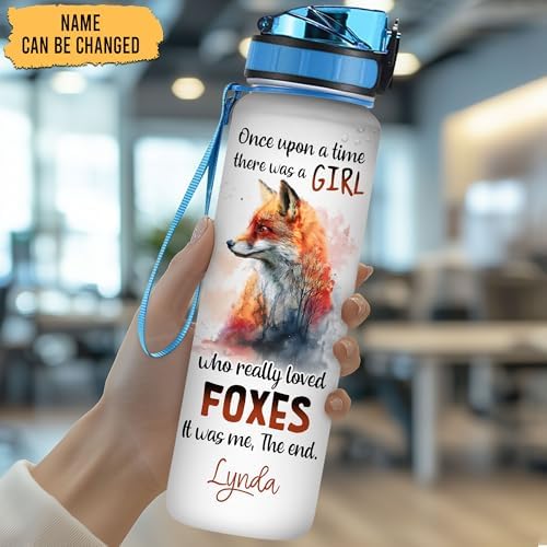 Personalized Fox Lovers 32 Oz 1Liter Motivational Water Bottle, Once Upon A Time Girl Love Foxes Custom Name Water Bottle With Time Marker, Gifts For Women Girl On Birthday, Mother Day's