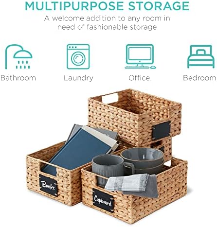 Set of 4 9x12in Water Hyacinth Pantry Baskets, Woven Organizers w/Chalkboard Label, Chalk Marker - Natural