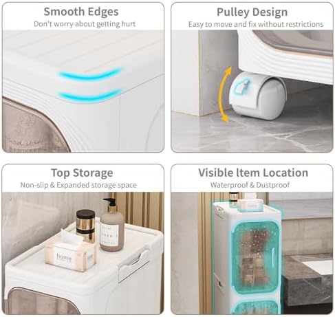 2 Tier Slim Bathroom Storage Cabinet, Foldable and Movable, White