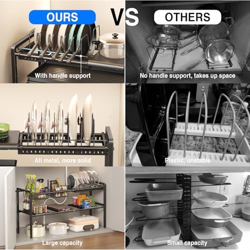 Pots and Pans Organizer Under Cabinet, Expandable 2 Tier Under Sink Organizers Storage Adjustable Height Kitchen Pot and Pan Lid Holder Rack with 6 Dividers(4panels,2baskets,1 Pot rack,Black)