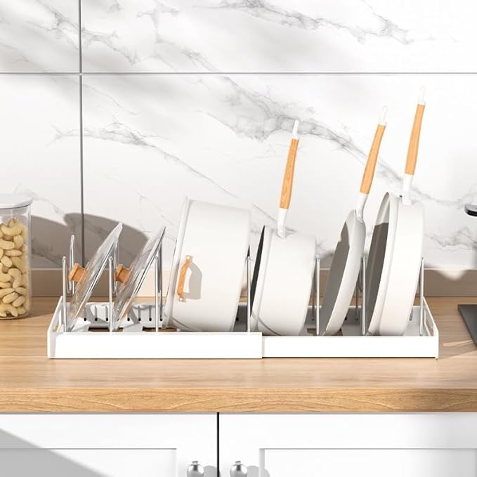 OMIO Expandable Pots and Pans Organizer Rack Under Cabinet, 12"-22" Adjustable Lid Holder with 7 Stainless Steel Dividers, White ABS Kitchen Storage for Lids, Pans, Cutting Boards