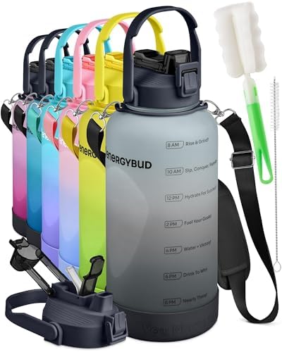 1 Gallon Water Bottle With Straw Dishwasher-Safe BPS & BPA Free, 2 Cleaning Brush Motivational 128oz Water Jug with Time Markers, Wide-Mouth Tritan, Gym & Exercise Equipment(Clear & Black)