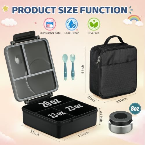Bento Lunch Box for Kids with 8oz Soup Thermo&Lunch Bag, Leak-Proof Lunch Food Containers with 4 Compartment, Hot Food Insulated Food Jar for Kids School (Black)