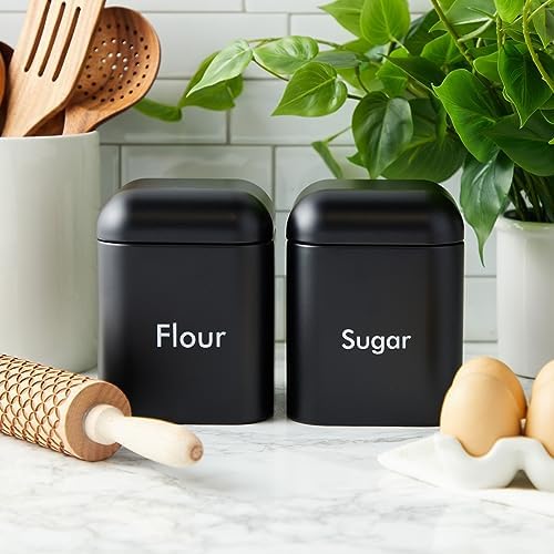 Flour & Sugar Storage Containers - Set of 2 40 oz (4.5 x 6 in) Black Iron - Airtight Silicone Gasket Seal - Flour Canister & Sugar Container