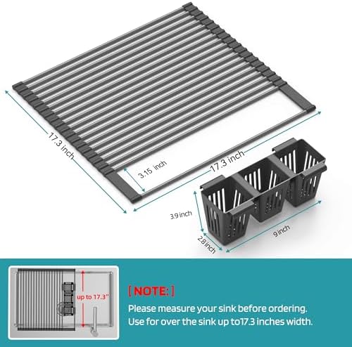 Roll Up Dish Drying Rack, Silicone Wrapped Over The Sink Multipurpose Foldable Dish Drainer Anti-Slip Dish Racks for Kitchen Counter, Sink Drying Rack Cover with Utensil Holder (Black, 17.3" x 17.6")