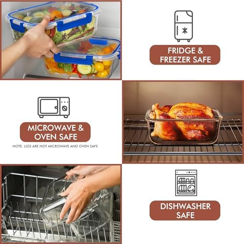 2 Pcs 1860ml / 63 Oz Large Glass Food Storage Containers with Lids - Glass Meal Prep Containers with Locking Lids for Roasting, Storing Leftover, Lunch Container, BPA Free, Microwave & Oven Safe