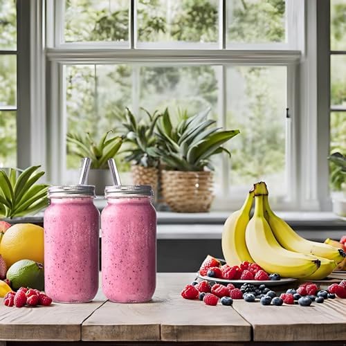 Reusable Freezer Safe Smoothie Cups with Lids and Straws - Mason Drinking Jar (2- 24oz)