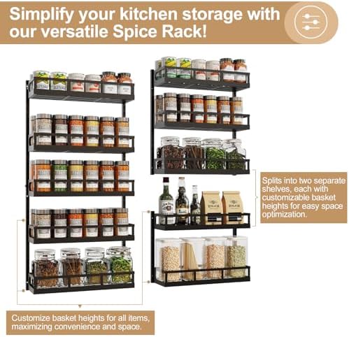 Wall Mount Spice Rack Organizer 5 Tier Height-Adjustable Hanging Spice Shelf Storage for Kitchen Pantry Cabinet, Dual-Use Seasoning Holder Rack with Hooks, Black-Patented