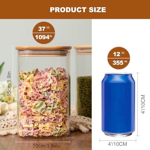 6 Pack Glass Food Storage Jars 37 oz,Glass Storage Containers Clear Glass Food Canister with Bamboo Lid Airtight For Serving Tea, Coffee, Flour, Sugar, Candy, Cookie, Spice and More (Square)
