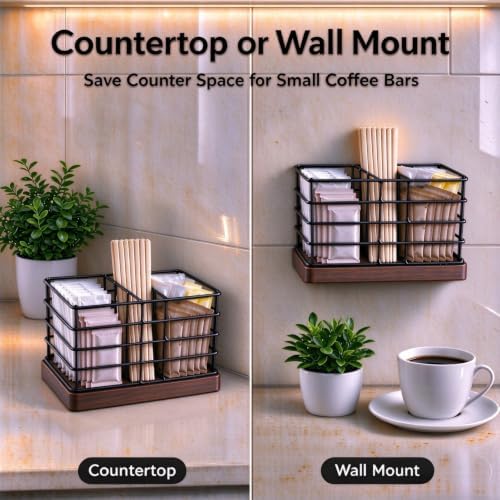 No-Drill Wall Mount Metal Sugar Packet Holder for Coffee Bar, Black