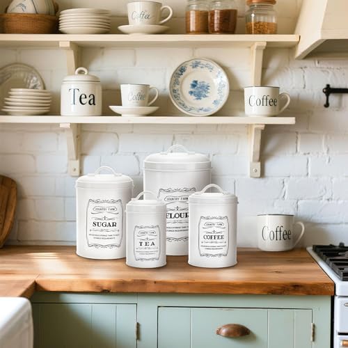 Set of 4 Kitchen Canisters with Airtight Lids, Coffee Tea Sugar Flour Tin Jars Nesting Food Storage Container Set for Farmhouse Decor, 4 Sizes