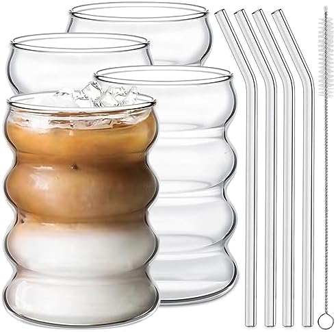 4 Pcs Drinking Glasses with Glass Straw 14oz Glassware Set,Cocktail Glasses,Iced Coffee Glasses,Beer Glasses,Ideal for Water,Soda,Tea,Gift with Cleaning Brushes