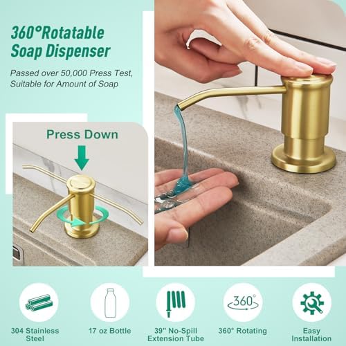 Brushed Gold Kitchen Soap Dispenser Countertop Soap Dispenser for Kitchen Sink, Built in Sink Soap Dispenser for Bathroom ​with 39" Tube Large Capacity 17 OZ Bottle