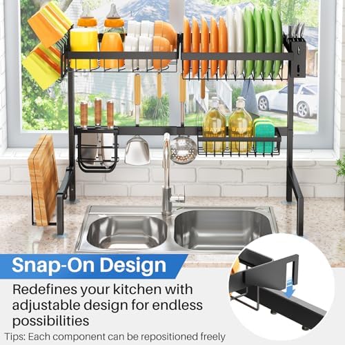 Over The Sink Large Dish Drying Rack, Metal, 26.8"-34.6", Black
