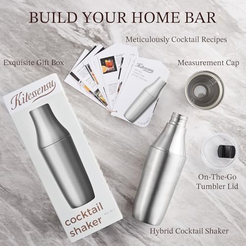 Hybrid Cocktail Shaker | Vacuum Insulated Stainless Steel Martini Shaker with Double Wall Martini Cup | Integrated Measuring System | Tumbler Lid & Cocktail Recipes Included | Silver