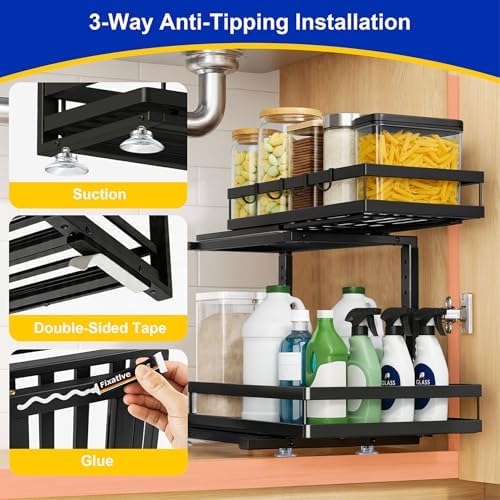 2-Tier Metal L-Shaped Pull-Out Under Sink Organizer, Black, 1 Pack