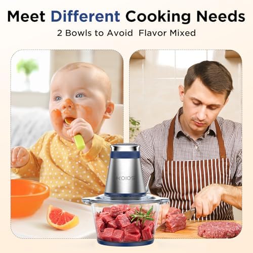 Food Processor, 500W Electric Food Chopper with 2 Bowls (8 Cup+8 Cup) & 2 Bi-Level Blades&, Small Electric Grinder Meat Processor for Nuts, Meat, Onion, Garlic, Baby Food, Blue