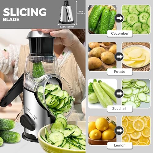 Rotary Cheese Grater with Handle - Vegetable Shredder with 3 Stainless Steel Blades & Strong Suction Base,Round Mandoline Slicer & Food Chopper for Kitchen
