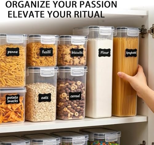 24 PCS Airtight Food Storage Containers with Lids, Plastic Kitchen and Organization Canisters for Cereal, Dry Food, Flour and Sugar, BPA-Free, PVC-Free, Includes 24 Black Labels & Marker