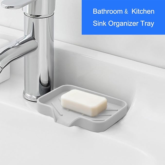 Sponge Holder with Drain Spout, Silicone Sponge Tray for Kitchen Sink, Rubber Soap Dish for Shower Bathroom (Beige, 4.7" x 3.6")