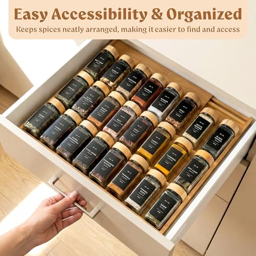 Bamboo Spice Drawer Organizer, Expandable 4 Tier Spice Rack