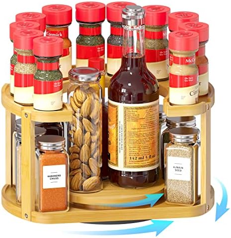 2 Tier Bamboo Spice Rack Organizer, Lazy Susan Turntable for Cabinet, Home Kitchen Spices Spinning Rotating Shelf Racks for Pantry Seasoning Bottle Holder Storage (Two Tier, Natural)