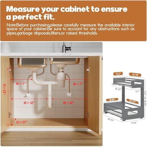 2-Pack Under Sink Organizers and Storage,2-Tier L Shape Pull Out Cabinet Organizer With Round Tube Slide Rails,Hight Adjustable Slide Out Drawers for Kitchen&Bathroom,Multi-Purpose Storage Shelf-Gray