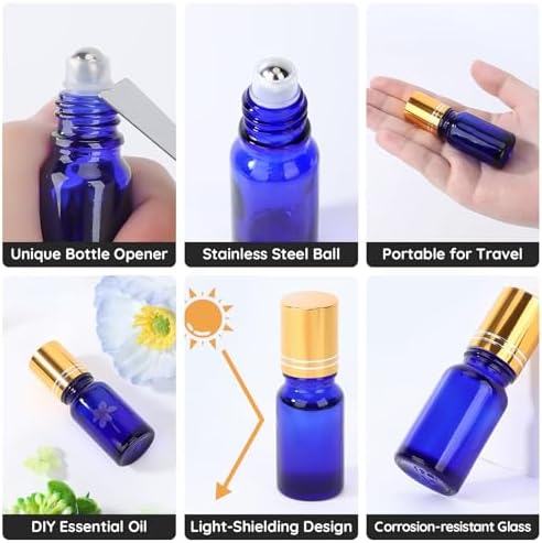 Segbeauty 0.34oz Thick Glass Perfume Roller Bottles for Essential Oils, 5pcs Blue Travel Roller Ball Applicator Refillable Empty Rollerball Bottles for Oil, 10ml Small Roll On Bottle for Eye Essence - Image 2