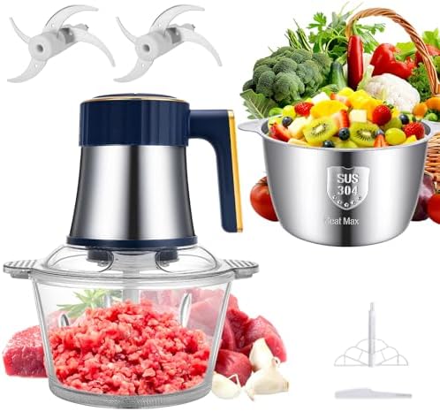 Small Food Processor, Electric Meat Grinder & Vegetable Chopper with 2 Bowls (8 Cup Stainless Steel + 8 Cup Glass) 5-Speed 400W Motor and 2 Sets Blades, Food Chopper for Kitchen Appliances
