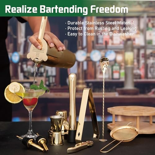 Cocktail Shaker Set Bartender Kit with Rotatble Bamboo Stand,11 Piece Bar Set Stainless Steel Bar Accessories for Drink Mixing, Bar, Home, Party (Gold)