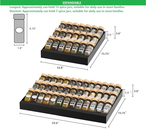 Expandable Metal Spice Drawer Organizer,3-Tier Slanted Seasoning Jars Tray for Kitchen Cabinet Drawers Insert/Countertop (Jars not included)-3Tier,2packs/Black