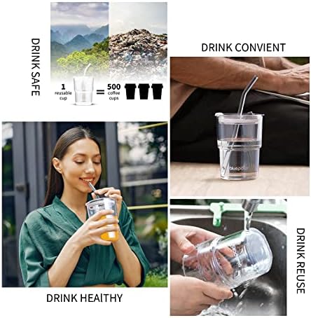 13oz/400ml Glass Water Tumbler with Straw and Lid Sealed Carry On Thick Wall Iced Coffee Cup Glass Cup for Water, Iced Tea Fruit Juice Etc (White-2Pack)