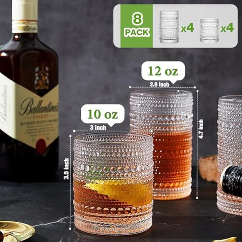 Vintage Hobnail Drinking Glasses Set of 8, 12 oz Highball Glasses & 10 oz Cocktail Glasses Set, Kitchen Water Glasses Cup, Bar Tumbler Glassware Set for Beer, Juice, Cocktail, Whiskey, Milk