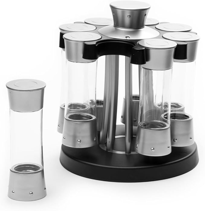 KitchenArt Spice Rack, Elite Auto-Measure Plastic Spice Carousel, 8 Spice Jars, Silver