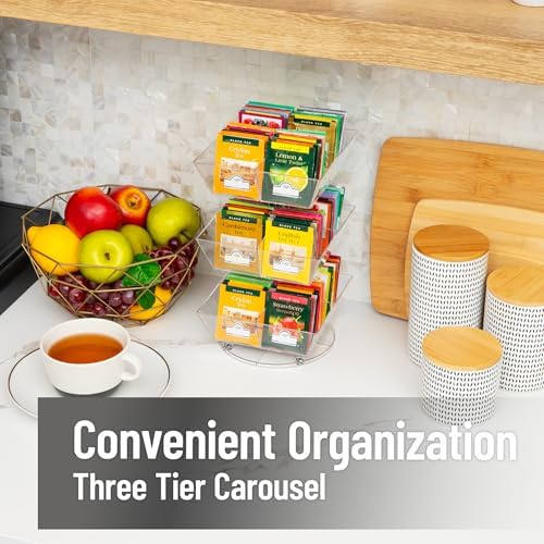 Tea Bag Carousel, 3 Tier Clear Acrylic Organizer with 12 Compartments, 360° Rotating Tea Station for Countertop Storage