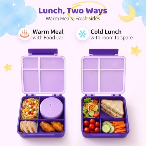 Bento Lunch Box with 8oz Soup Thermo, Kids Leakproof Lunch Food Containers with 4 Compartment, Kids Thermo Insulated Hot Food Jar for School, Trvael (Purple)